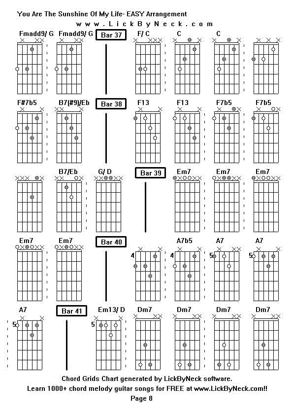 Chord Grids Chart of chord melody fingerstyle guitar song-You Are The Sunshine Of My Life- EASY Arrangement,generated by LickByNeck software.